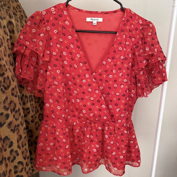 Madewell Red Floral Print Blouse / Tiered-Sleeve Peplum Top - Picture 3 of 7